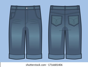 Vector illustration of man blue jeans shorts. Front and back views