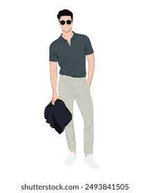 Vektorillustration eines Mannes in blauem Poloshirt, heller Hose und weißem Sneaker. Ergänzt durch eine schwarze Brille und eine Jacke in der Hand.