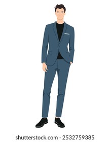 Ilustración vectorial de un hombre con traje azul y zapatos clásicos. Traje azul para ocasiones formales