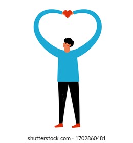 Vector Illustration With Man In Blue Sweater Holding Red Heart. Love Who You Are And Love Yourself Concept Art. Romantic Print Design, Colored Self Care Inspirational Poster