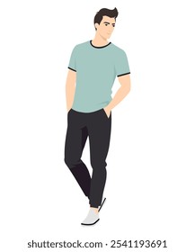 Ilustração vetorial. Um homem de camiseta azul e jeans escuro, apoiado em uma perna. Ele tem uma expressão calma e confiante, uma imagem minimalista, adequado para conhecer amigos ou caminhar.