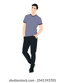 Ilustración vectorial. Un hombre con una camiseta azul y pantalones oscuros está de pie en una pose relajada, apoyándose ligeramente en una pierna. El color azul de la camiseta le da a la Imagen frescura y calma.