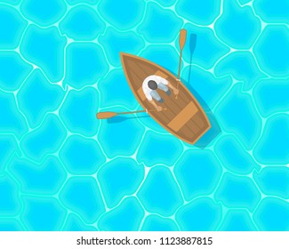 Vector illustration. The man in the boat. Top view. Fisherman. View from above.