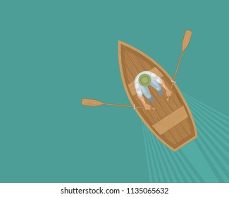 Vector illustration. The man in the boat. Top view. Fisherman. View from above.