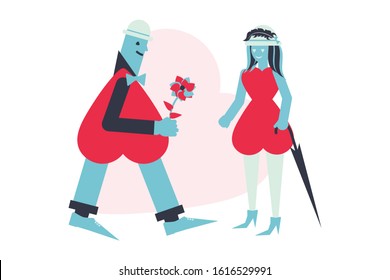 Vector illustration of a man with a body in the form of a heart carrying flowers to his lady, whose body also has the appearance of a heart. The concept of celebrating Valentine's Day and love.