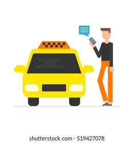 Vector illustration of a man book a taxi using mobile app