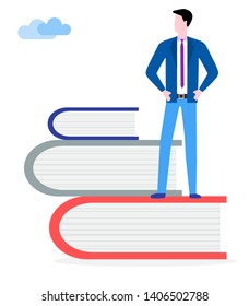 Vector illustration with man and books. Male reader, stack of giant books. Literature fans. Design for websites, print, presentation.