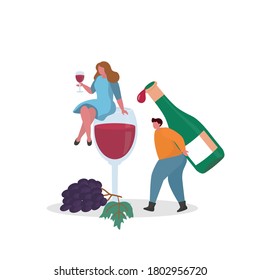 Vector illustration with man with a bottle of grape wine and woman on glass full of alcohol drink. . Print design with alcohol  for banner, postcard, web page. Concept of wine lover