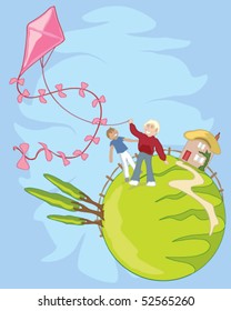 vector illustration of a man and a boy flying a kite