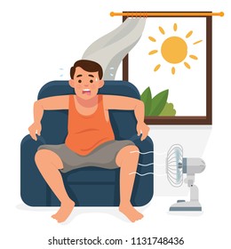 vector illustration man / boy sitting in his house in front of open window and turn of a fan, man exhausted of hot summer day