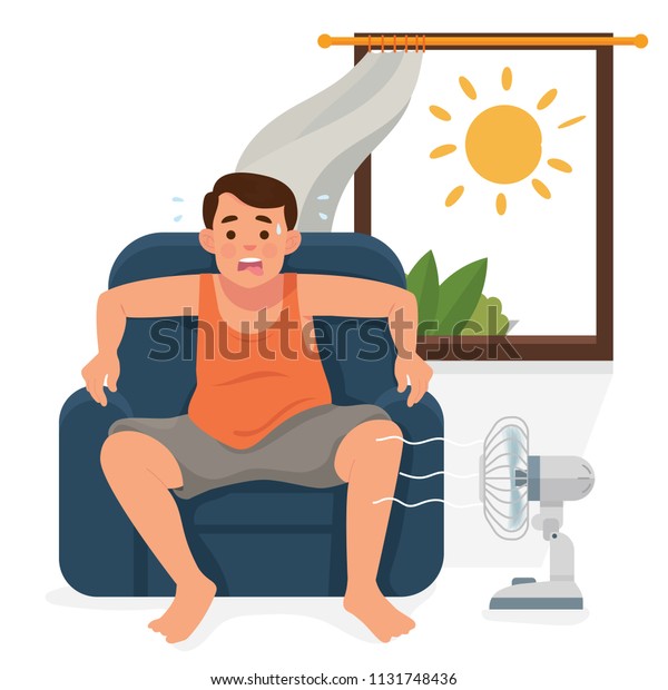 ベクターイラストマン 開いた窓の前に家に座って扇風機の向きを変える少年 暑い夏の日に疲れ果てた男 のベクター画像素材 ロイヤリティフリー