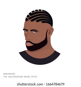 Vector illustration of a man with braids and a hollywoodian beard on a white background. The modern person with a stylish haircut and beard. Template for barbershops, salons. Avatar in style realism.