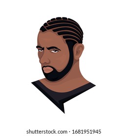 Vector illustration of a man with braids and a hollywoodian beard on a white background. The modern person with a stylish haircut and beard. Template for barbershops, salons. Avatar in style realism.