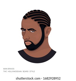 Vector illustration of a man with braids and a hollywoodian beard on a white background. The modern person with a stylish haircut and beard. Template for barbershops, salons. Avatar in style realism.