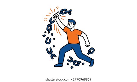 Vector illustration of a man breaking chains, symbolizing freedom, liberation, and overcoming obstacles. Concept of empowerment and breaking free from constraints.