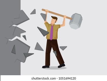 Vector Illustration Of Man Breaking Down The Wall. Concept Of Breaking Though Barrier To Get Achievement With His Strong Mindset.