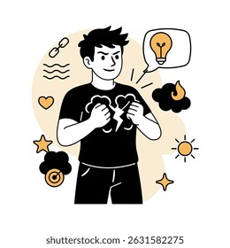 Vector illustration of a man breaking through negative thoughts with positive mindset symbols like lightbulb, target, sun, and heart. Mental health concept.