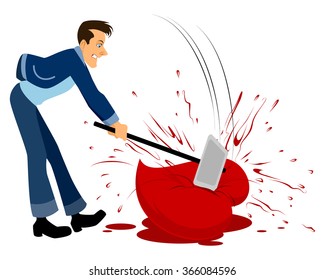 Vector illustration of a man breaks heart with a hammer