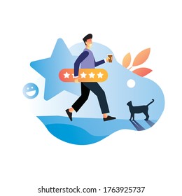 vector illustration man bring banner five rating stars feedback with cat people give rating online shop taxi booking transportation mobile application concept. please rate us give 5 stars. 