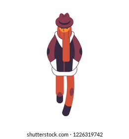 Vector illustration of man in brown autumn clothes holding hands in pockets in flat style isolated on white background. Male character walking in warm coat and hat with scarf for seasonal design.