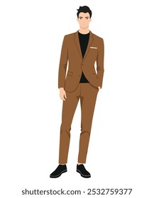 Ilustración vectorial de un hombre con traje marrón y zapatos clásicos. Traje para eventos formales