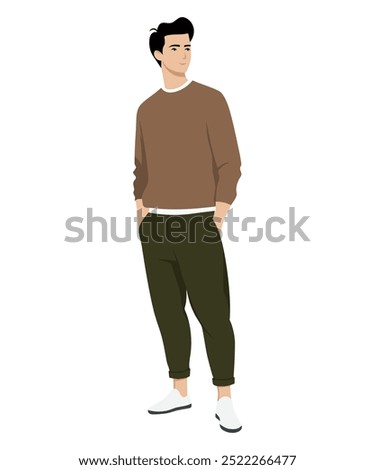 Vector illustration of a man in a brown sweatshirt and sweatpants, creating an easy sporty look for an active day.