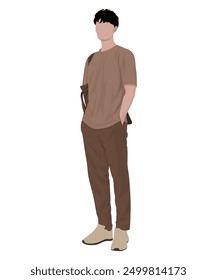 Vector illustration of a man in a brown t-shirt and light brown pants. Calm casual