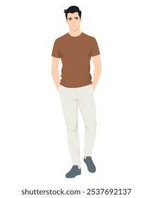 Vector illustration. Man in brown T-shirt and light trousers, standing with hands in pockets.