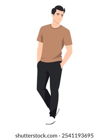 Vector illustration. A man in a brown T-shirt and dark trousers looks casual and stylish. His casual look gives ease and is suitable for walks.