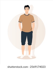 Vector illustration. A man in a brown t-shirt and dark shorts, on a neutral warm tone background.