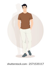 Vector illustration. A man in a brown T-shirt and light pants stands calmly. The background is decorated with a beige circle.