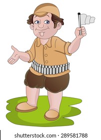Ilustración vectorial de un hombre con cinturón de bala sosteniendo una bandera.