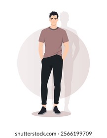 Vector illustration. A man in a burgundy T-shirt and black pants. Warm tones add comfort and confidence to the image.