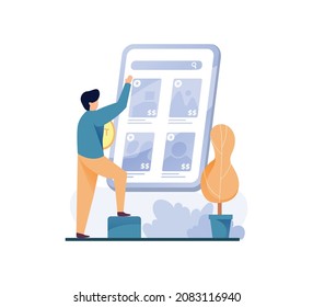 Vector illustration of man buying NFT non-fungible tokens with cryptocurrency background.