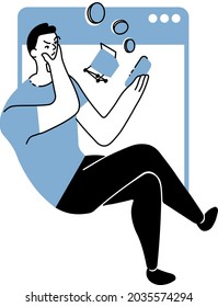 A vector illustration of a man buying stuff on the internet using his phone