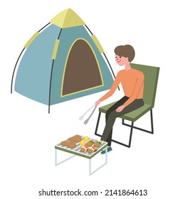 Ilustración vectorial del hombre acampando solo.
