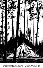 vector illustration of man in the camping at dark forest