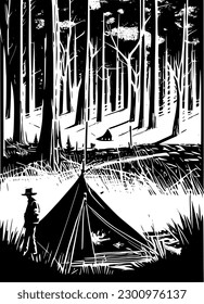 vector illustration of man in the camping at dark forest