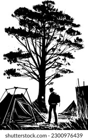 ilustración vectorial del hombre en el campamento en el bosque oscuro