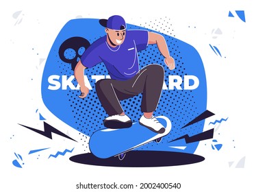 Vector illustration of a man in a cap riding a skateboard, doing a trick on a skateboard, flat design