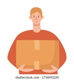 Vector illustration of a man with a cardboard box Isolated on a white background. Flat drawing of a boy with a large packaging box in his hands.