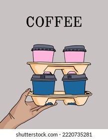 Vector illustration of man carries a bag of coffee. Cup with cappuccino, americano, espresso, mocha, latte, cocoa. Inscription of  coffee. Coffee view for poster, postcards, magazines, advertising. 