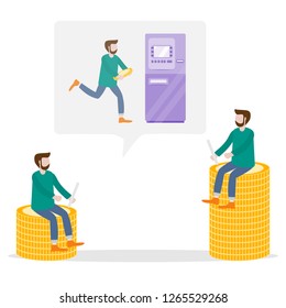 Vector illustration with man carries cash at the ATM, men sitting on piles of coins. Accumulation of funds in account, increase of financial capital. Personal finance management. 