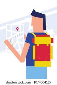 Vector illustration of a man carrying backpack and and looking into a map. Travel Concept.
