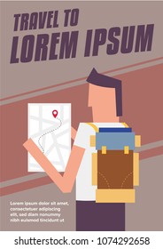 Vector illustration of a man carrying Backpack and and looking into a map. Travel Concept. Travel Concept Template for Flyer/Magazines/Poster/Banners