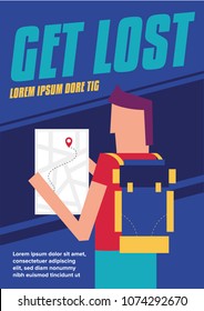 Vector illustration of a man carrying Backpack and and looking into a map. Travel Concept. Get Lost Concept Template for Flyer/Magazines/Poster/Banners