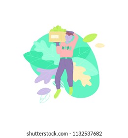 Vector illustration of a man carrying box of apples. Local farmers market and eco food concept. Background or spot design.