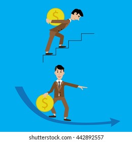 vector illustration of a man carrying a coin hard on the stairs, coming down with the coin slides. Cartoon