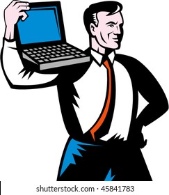 vector illustration of a Man carrying computer notebook laptop on his shoulders.