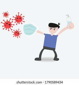 Vector illustration of man carrying a disinfectant and face mask fighting a virus. throwing disinfectant at corona virus, the concept of prevention from corona virus outbreaks